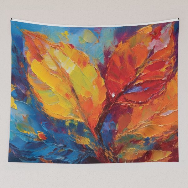 Item preview, RBY RED BLUE YELLOW Warm and cosy Autumn leaves colours, VINTAGE leaf textured botanicals oil painting, burnt orange, red, yellow blue, leaf pattern autumn painting  designed and sold by navitalidesign.