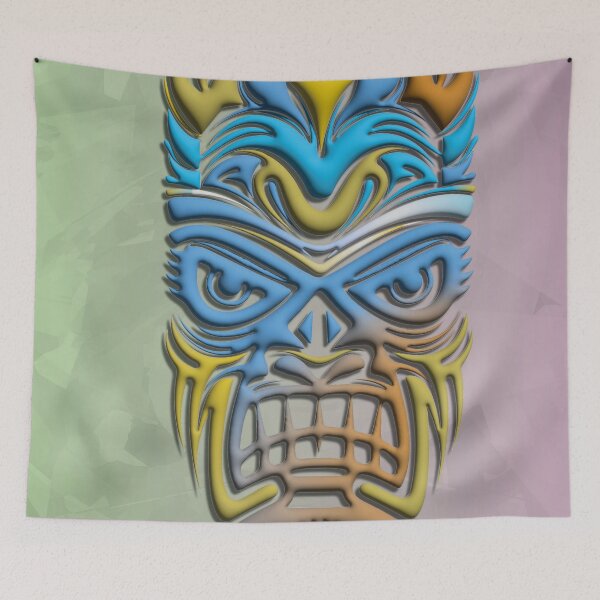 Item preview, Colorful Tiki Mask - Blue and Yellow Pop Vector Art - Tropical Print designed and sold by Keltoi-art.