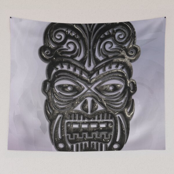 Item preview, Black and Silver Tiki Mask - Tribal Vector Illustration - Metal Print designed and sold by Keltoi-art.