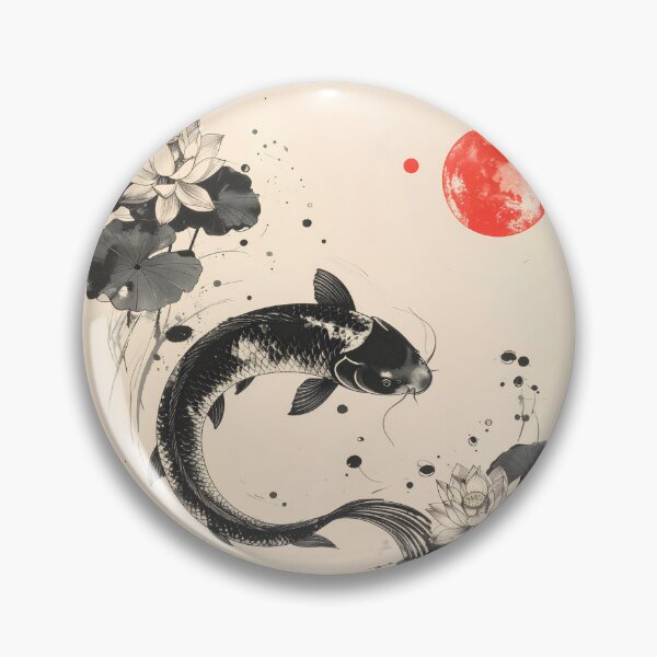 Item preview, Namazu Catfish and Lotus – Japanese Sumi-e Ink Art with Red Moon designed and sold by kaxymax.