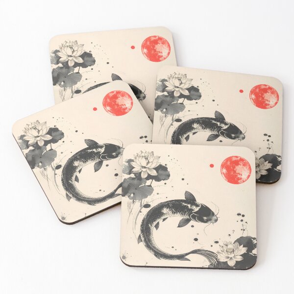 Item preview, Namazu Catfish and Lotus – Japanese Sumi-e Ink Art with Red Moon designed and sold by kaxymax.