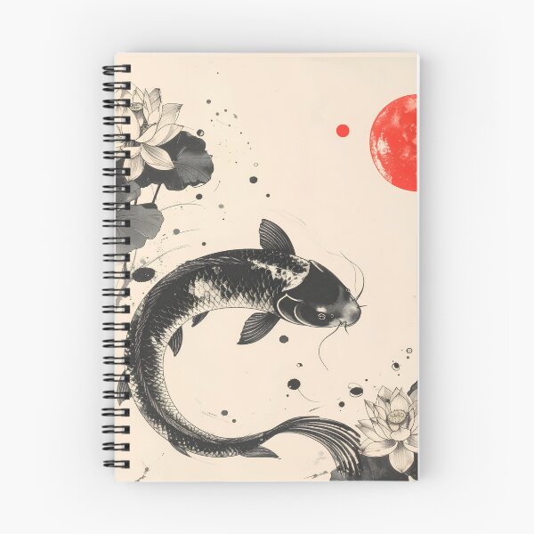Item preview, Namazu Catfish and Lotus – Japanese Sumi-e Ink Art with Red Moon designed and sold by kaxymax.