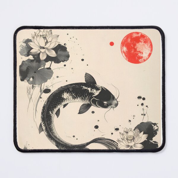 Item preview, Namazu Catfish and Lotus – Japanese Sumi-e Ink Art with Red Moon designed and sold by kaxymax.