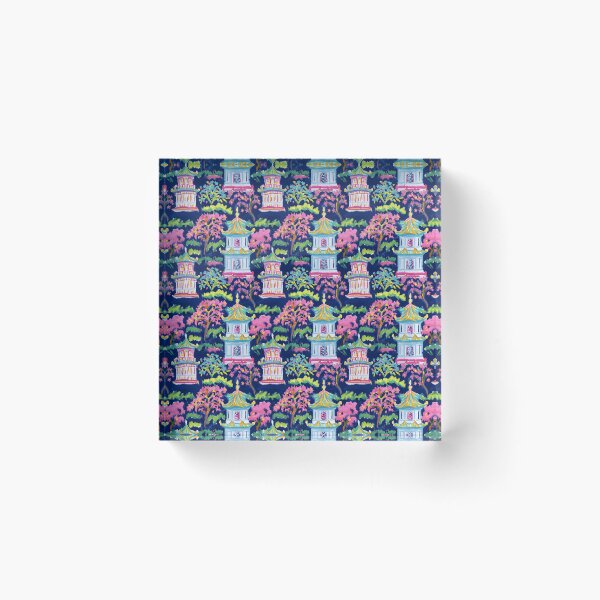 Item preview, Preppy pink turquoise and green pagoda garden on navy blue  designed and sold by SophieClimaArt.