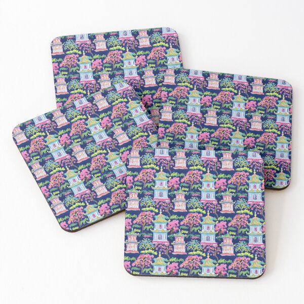 Item preview, Preppy pink turquoise and green pagoda garden on navy blue  designed and sold by SophieClimaArt.