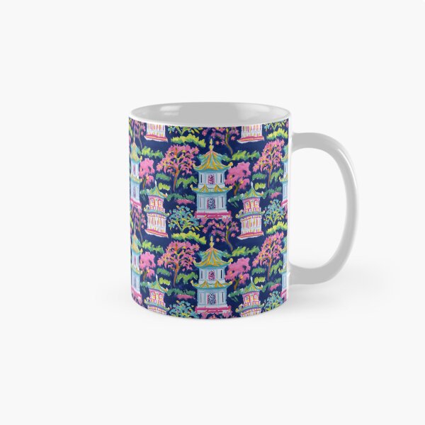 Item preview, Preppy pink turquoise and green pagoda garden on navy blue  designed and sold by SophieClimaArt.
