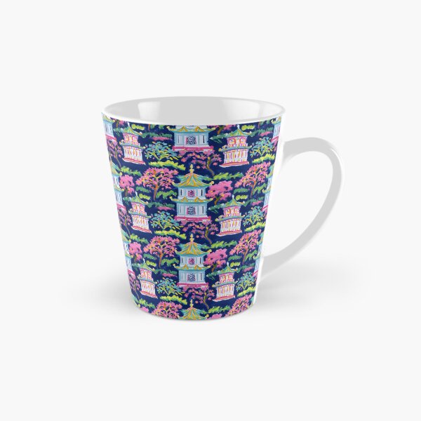 Item preview, Preppy pink turquoise and green pagoda garden on navy blue  designed and sold by SophieClimaArt.