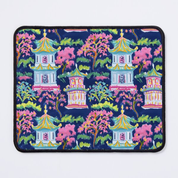 Item preview, Preppy pink turquoise and green pagoda garden on navy blue designed and sold by SophieClimaArt.
