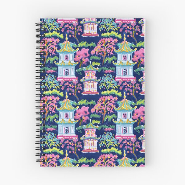 Item preview, Preppy pink turquoise and green pagoda garden on navy blue  designed and sold by SophieClimaArt.