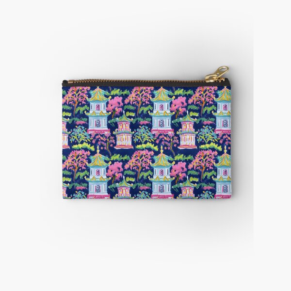Item preview, Preppy pink turquoise and green pagoda garden on navy blue  designed and sold by SophieClimaArt.