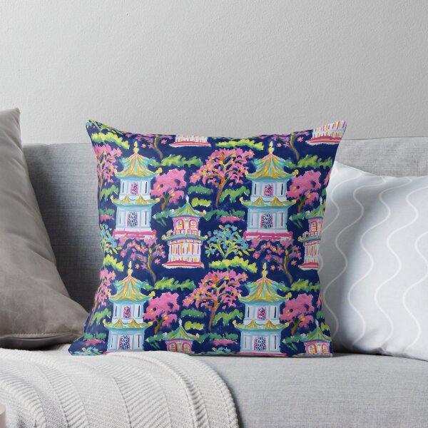 Item preview, Preppy pink turquoise and green pagoda garden on navy blue  designed and sold by SophieClimaArt.