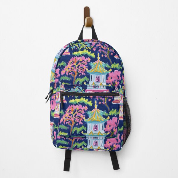 Item preview, Preppy pink turquoise and green pagoda garden on navy blue designed and sold by SophieClimaArt.
