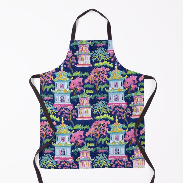 Item preview, Preppy pink turquoise and green pagoda garden on navy blue designed and sold by SophieClimaArt.
