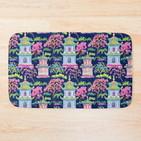 Item preview, Preppy pink turquoise and green pagoda garden on navy blue  designed and sold by SophieClimaArt.