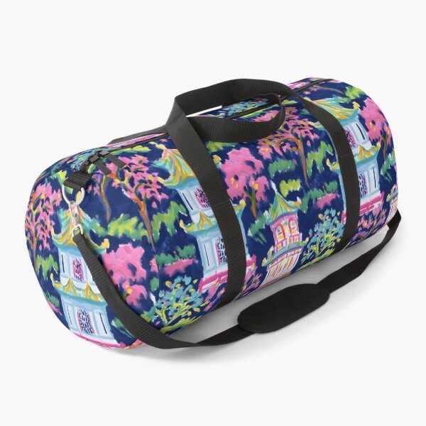 Item preview, Preppy pink turquoise and green pagoda garden on navy blue  designed and sold by SophieClimaArt.