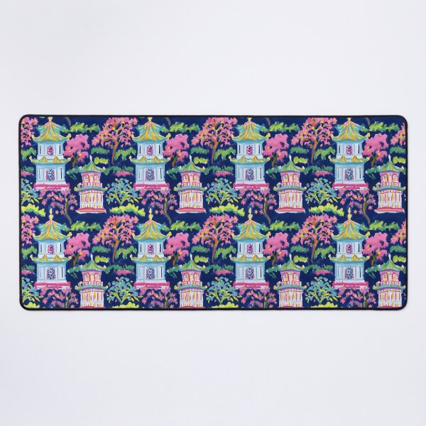 Item preview, Preppy pink turquoise and green pagoda garden on navy blue designed and sold by SophieClimaArt.