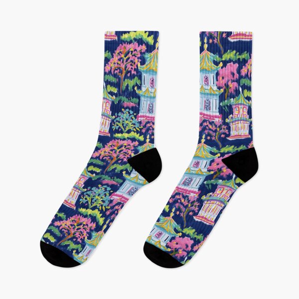 Item preview, Preppy pink turquoise and green pagoda garden on navy blue  designed and sold by SophieClimaArt.