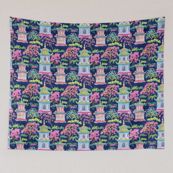 Item preview, Preppy pink turquoise and green pagoda garden on navy blue  designed and sold by SophieClimaArt.