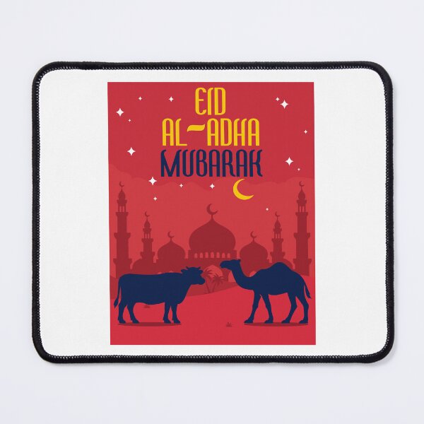 Item preview, Eid al Adha Mubarak Greeting Poster with Mosque Silhouette, Crescent Moon, Camel and Cow Vector Illustration designed and sold by AtonuHaque.