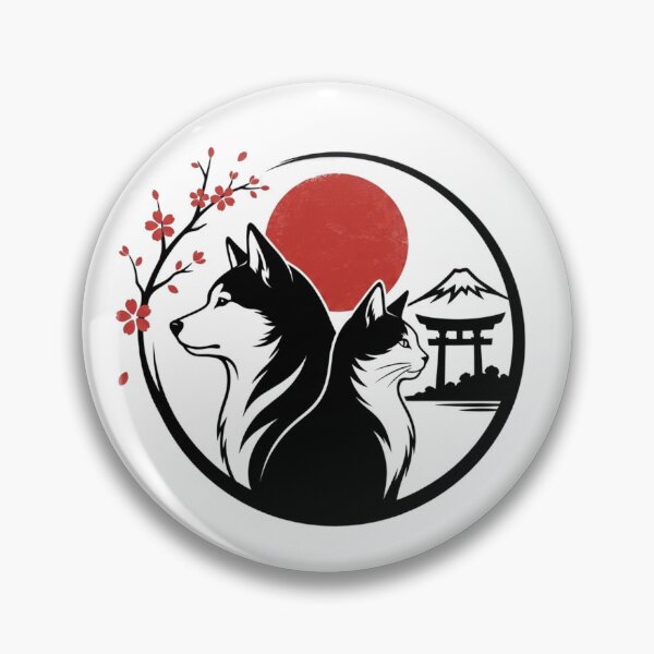 Item preview, Japanese sumi-e ink illustration, dog and cat side by side in profile view designed and sold by 123ks.