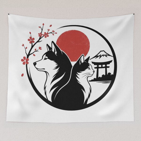 Item preview, Japanese sumi-e ink illustration, dog and cat side by side in profile view designed and sold by 123ks.