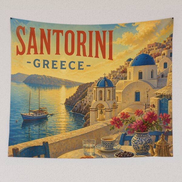 Item preview, Santorini, Greece: Vintage-Style Painterly Travel Poster designed and sold by LSVart.