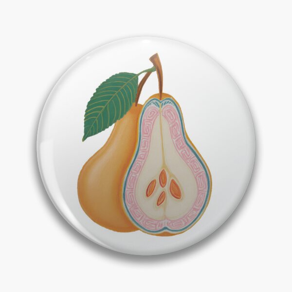 Item preview, Digital artwork showing the inside and outside of a pear with a green leaf on top, designed with bright colors and detailed patterns designed and sold by CreativeLarysa.