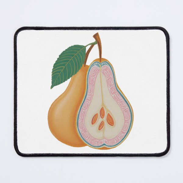 Item preview, Digital artwork showing the inside and outside of a pear with a green leaf on top, designed with bright colors and detailed patterns designed and sold by CreativeLarysa.