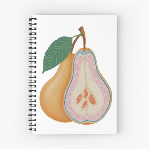Item preview, Digital artwork showing the inside and outside of a pear with a green leaf on top, designed with bright colors and detailed patterns designed and sold by CreativeLarysa.