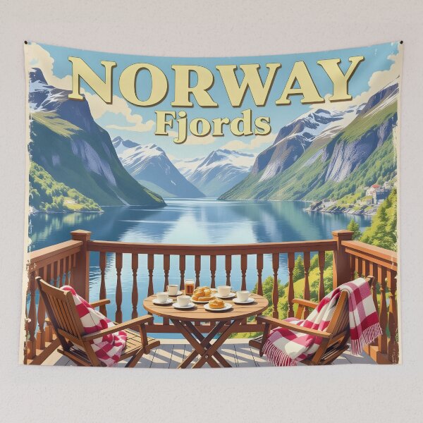 Item preview, Norwegian Fjords, Norway: Fjord Balcony Morning Vintage-Style Painterly Travel Poster designed and sold by LSVart.