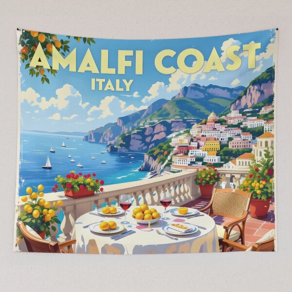 Item preview, Amalfi Coast, Italy: Seaside Balcony Dining Vintage-Style Painterly Travel Poster designed and sold by LSVart.