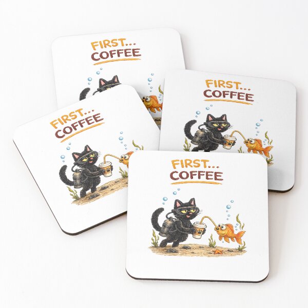 Item preview, First Coffee – Funny Underwater Cat and Fish Cartoon designed and sold by IrynaLineArt.