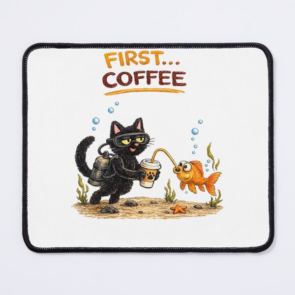 Item preview, First Coffee – Funny Underwater Cat and Fish Cartoon designed and sold by IrynaLineArt.