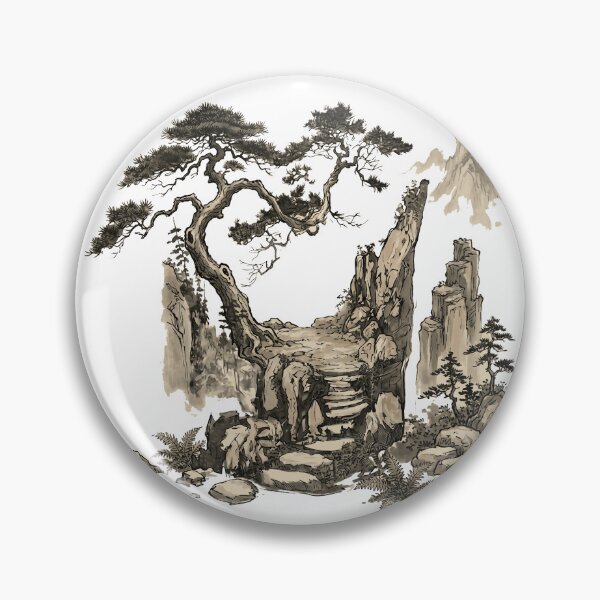 Item preview, Serene Cliffside Path: Ancient Pine Ink Wash Landscape designed and sold by rediscoveredapp.