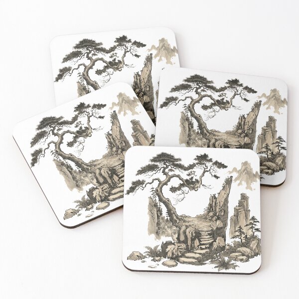 Item preview, Serene Cliffside Path: Ancient Pine Ink Wash Landscape designed and sold by rediscoveredapp.