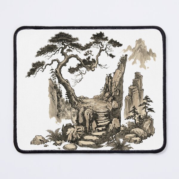 Item preview, Serene Cliffside Path: Ancient Pine Ink Wash Landscape designed and sold by rediscoveredapp.