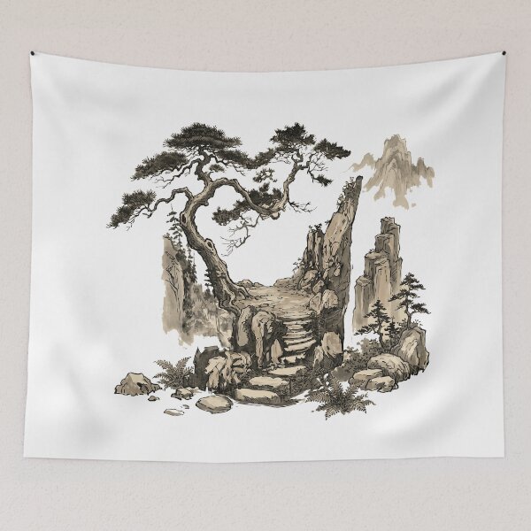 Item preview, Serene Cliffside Path: Ancient Pine Ink Wash Landscape designed and sold by rediscoveredapp.
