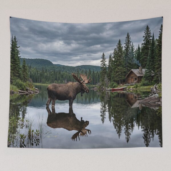 Item preview, Majestic Moose in Canadian Lake with Cozy Cabin designed and sold by Natural life.
