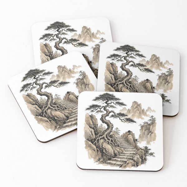 Item preview, Path to the Pagoda: Ancient Pine and Mountain Ink Landscape designed and sold by rediscoveredapp.