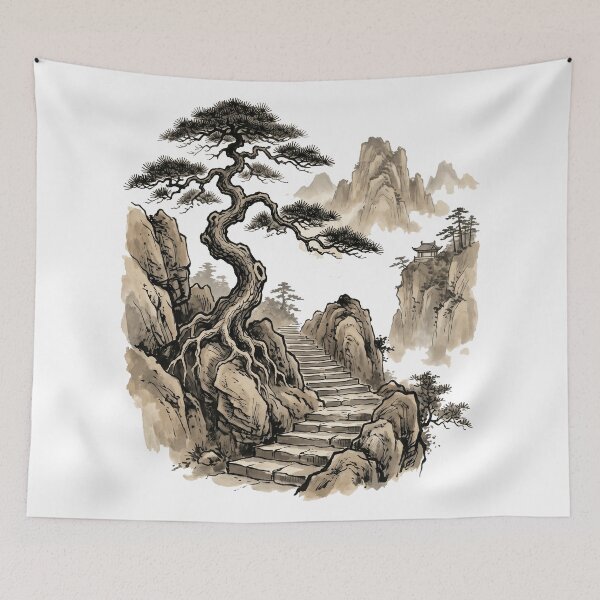 Item preview, Path to the Pagoda: Ancient Pine and Mountain Ink Landscape designed and sold by rediscoveredapp.