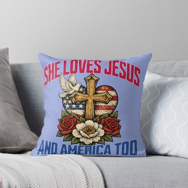 Item preview, She Loves Jesus and America Too — Patriotic Christian Cross American Flag Heart 4th of July designed and sold by Youngkev-arts.