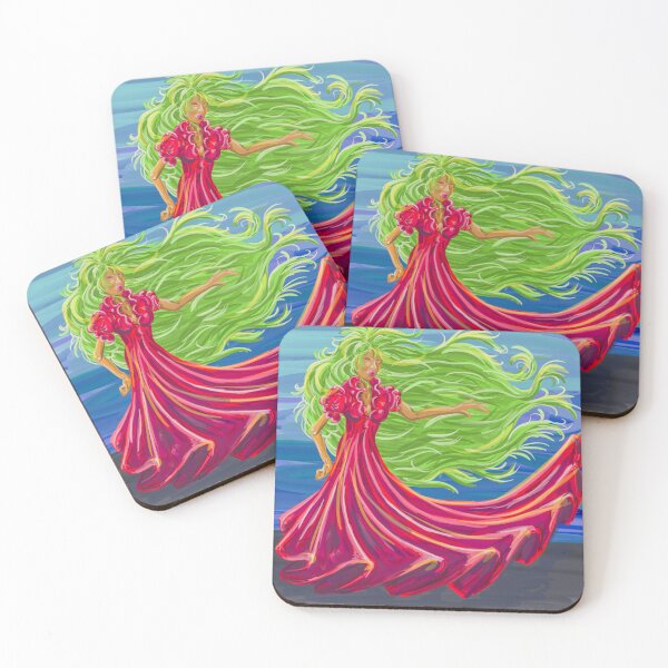 Item preview, Wave Woman - Digital Painting, Red Dress, Green Hair - Canvas Print designed and sold by Keltoi-art.