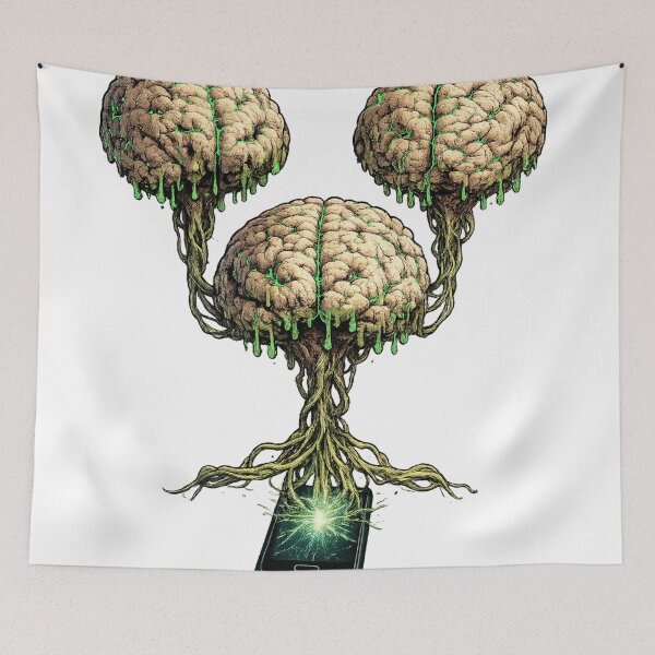 Item preview, Floating Rotting Brain Network - Three floating, grotesque, rotting brains connected to a cell phone. designed and sold by shorethings.