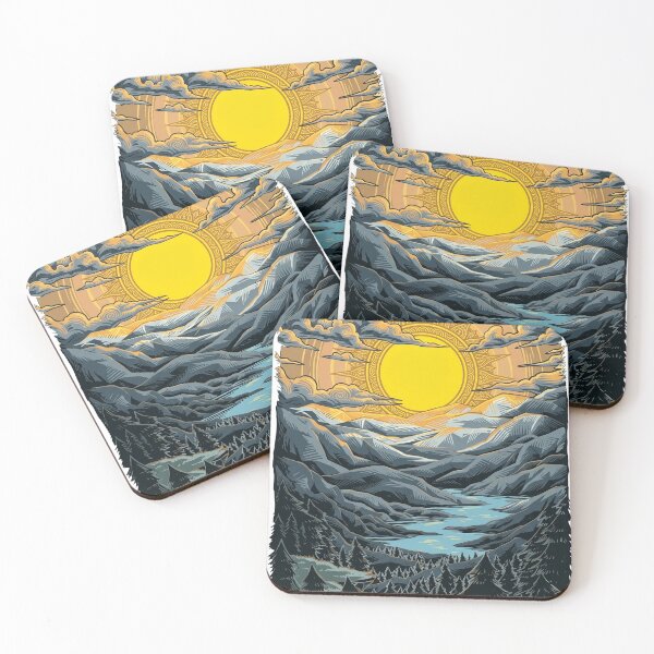 Item preview, Majestic Sunlit Valley: Linocut Style Mountain and Forest Art designed and sold by rediscoveredapp.