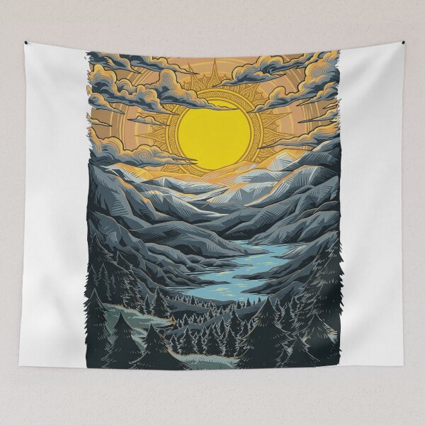 Item preview, Majestic Sunlit Valley: Linocut Style Mountain and Forest Art designed and sold by rediscoveredapp.