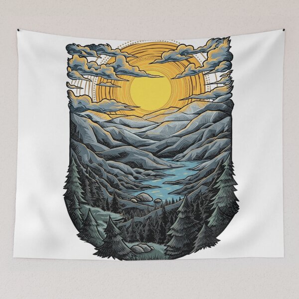 Item preview, Golden Hour Sunset Linocut Mountain Valley River designed and sold by rediscoveredapp.