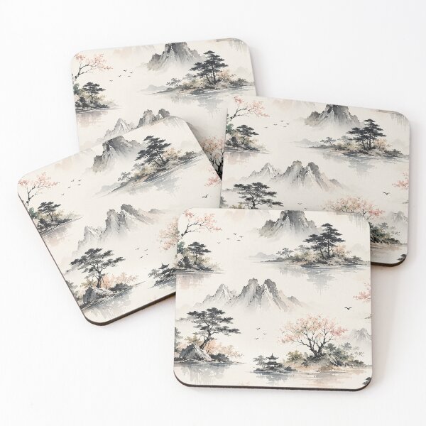 Item preview, Serene Japanese Watercolor Mountain Landscape Pattern designed and sold by NaphDesigns.