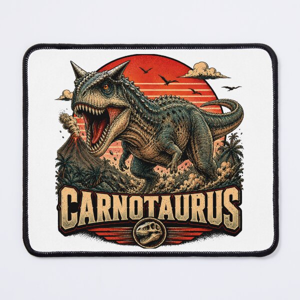 Item preview, Vintage Illustration of a Carnotaurus with a Retro Volcano designed and sold by JonelleTshirts.