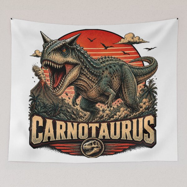 Item preview, Vintage Illustration of a Carnotaurus with a Retro Volcano designed and sold by JonelleTshirts.