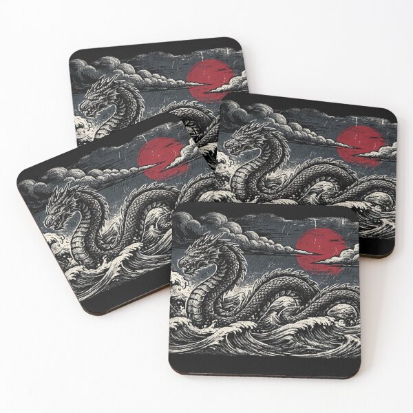 Item preview, Mythological Sea Dragon Ocean Waves Crimson Sun designed and sold by krish-prints.